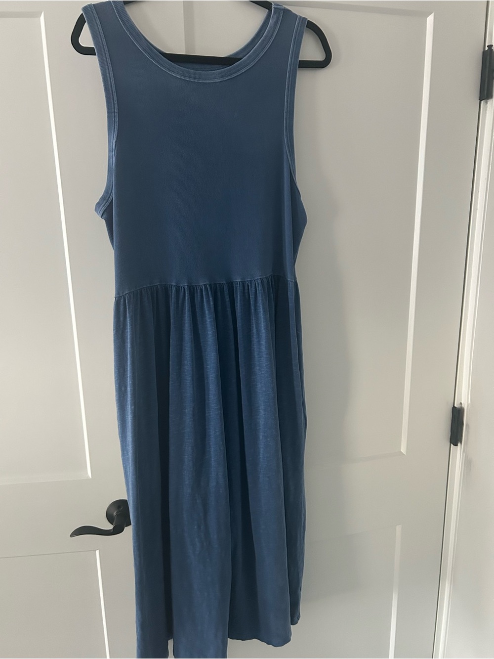 Sleeveless soft cotton Midi Dress in Slate Blue w side pockets and ribbed bodice